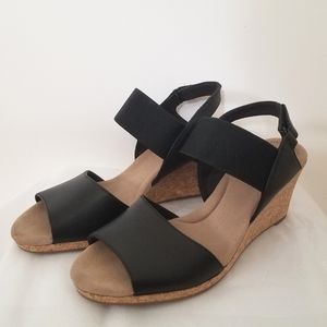 Clark's corkscrew black wedge sandal heels